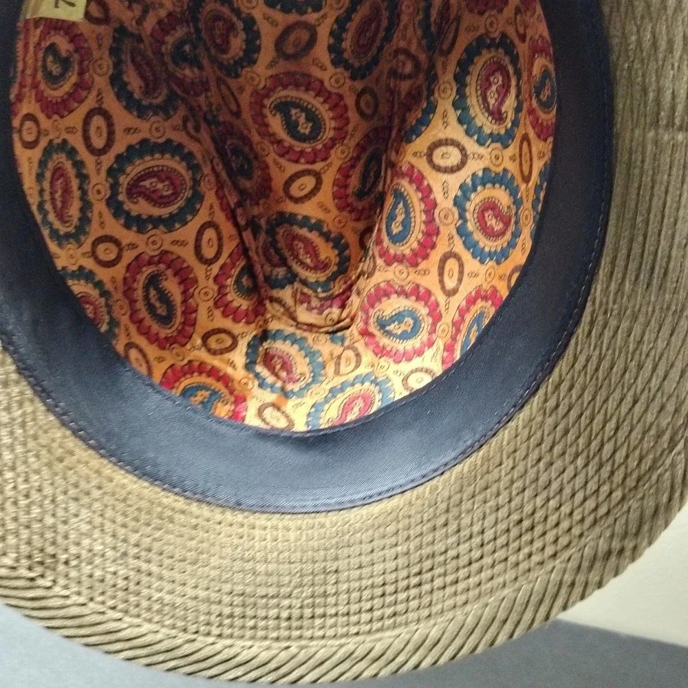 VINTAGE Fedora Hat Men 7 1/8 Gold Corduroy Paisley Lining Feather 1960s